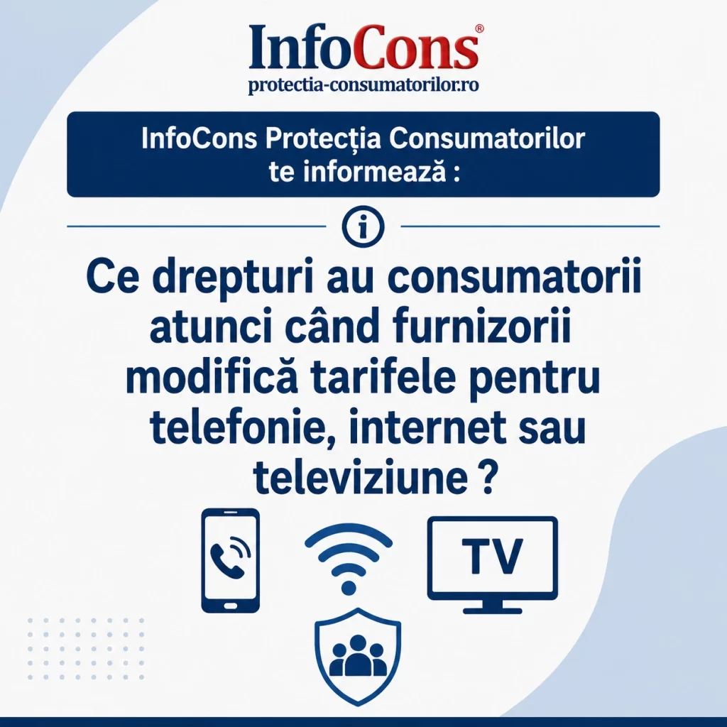 InfoCons Protecția Consumatorilor te informează : Ce drepturi au consumatorii atunci când furnizorii modifică tarifele pentru telefonie, internet sau televiziune ?