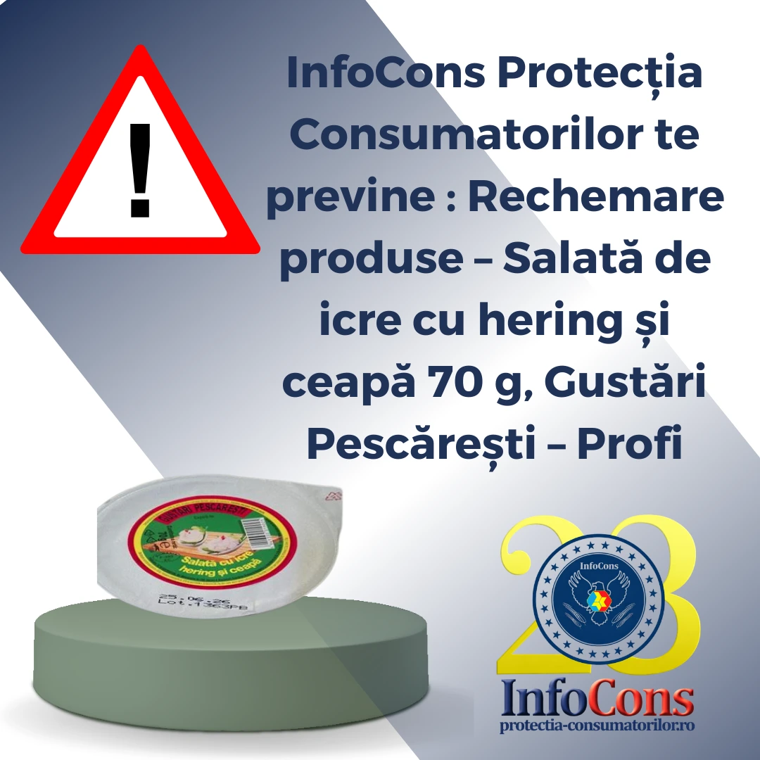 InfoCons Protecția Consumatorilor te previne : Rechemare produse &ndash; Salată de icre cu hering și ceapă 70 g, Gustări Pescărești &ndash; Profi