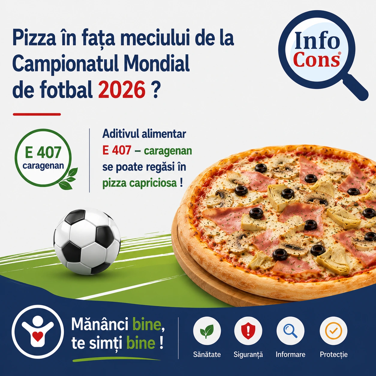 Pizza &icirc;n fața meciului de la Campionatul Mondial de fotbal 2026 ? Aditivul alimentar E 407 &ndash; caragenan se poate regăsi &icirc;n pizza capriciosa ! Măn&acirc;nci bine, te simți bine !