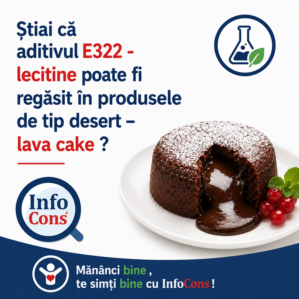 Știai că aditivul E322 &ndash; lecitine poate fi regăsit &icirc;n produsele de tip desert &ndash; lava cake ? Măn&acirc;nci bine , te simți bine cu InfoCons !