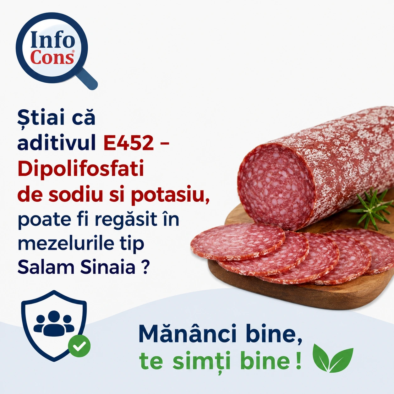 Știai că aditivul E452 &ndash; Dipolifosfati de sodiu si potasiu , poate fi regăsit &icirc;n mezelurile tip Salam Sinaia ? Măn&acirc;nci bine , te simți bine !