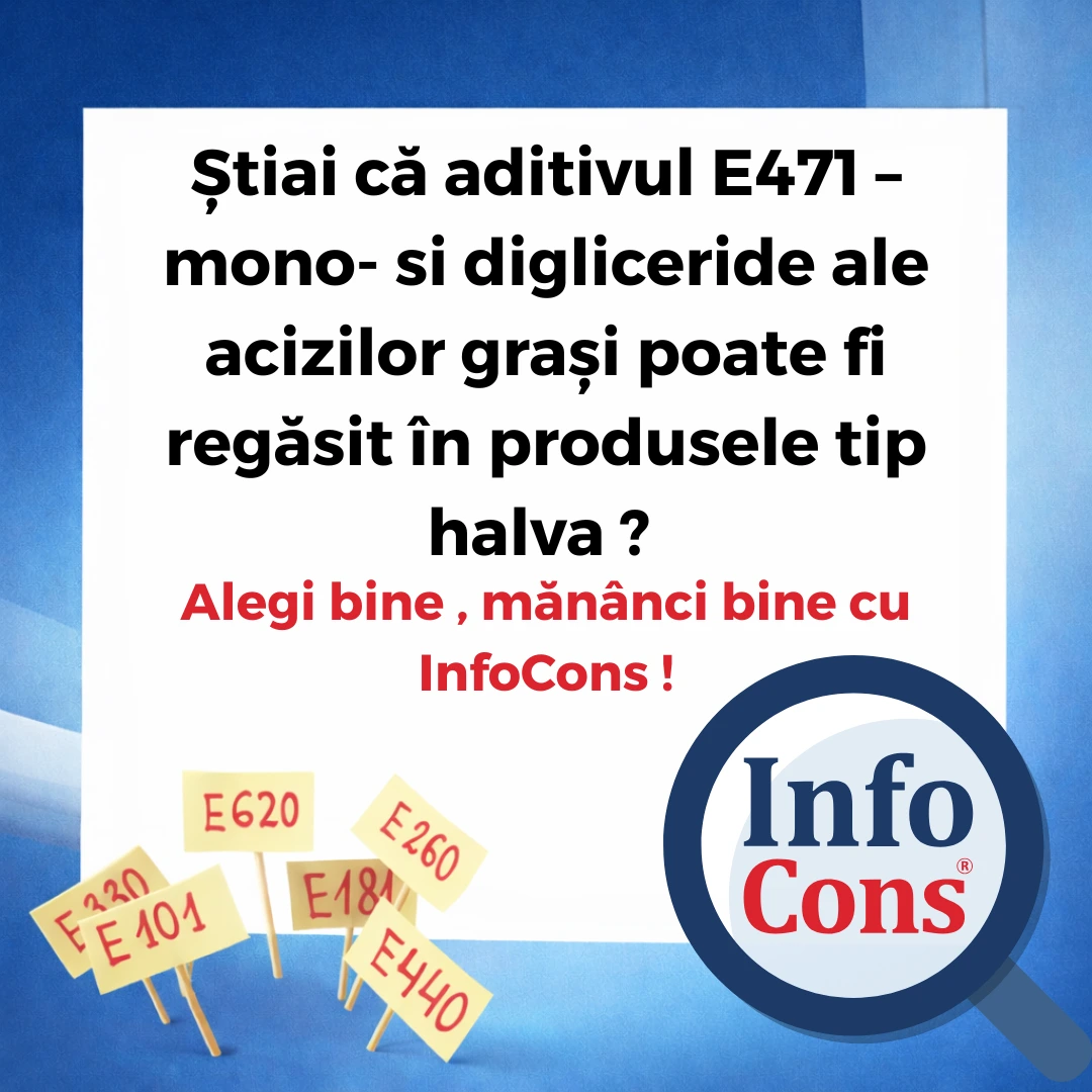 Știai că aditivul E471 &ndash; mono- si digliceride ale acizilor grași poate fi regăsit &icirc;n produsele tip halva ? Alegi bine , măn&acirc;nci bine cu InfoCons !