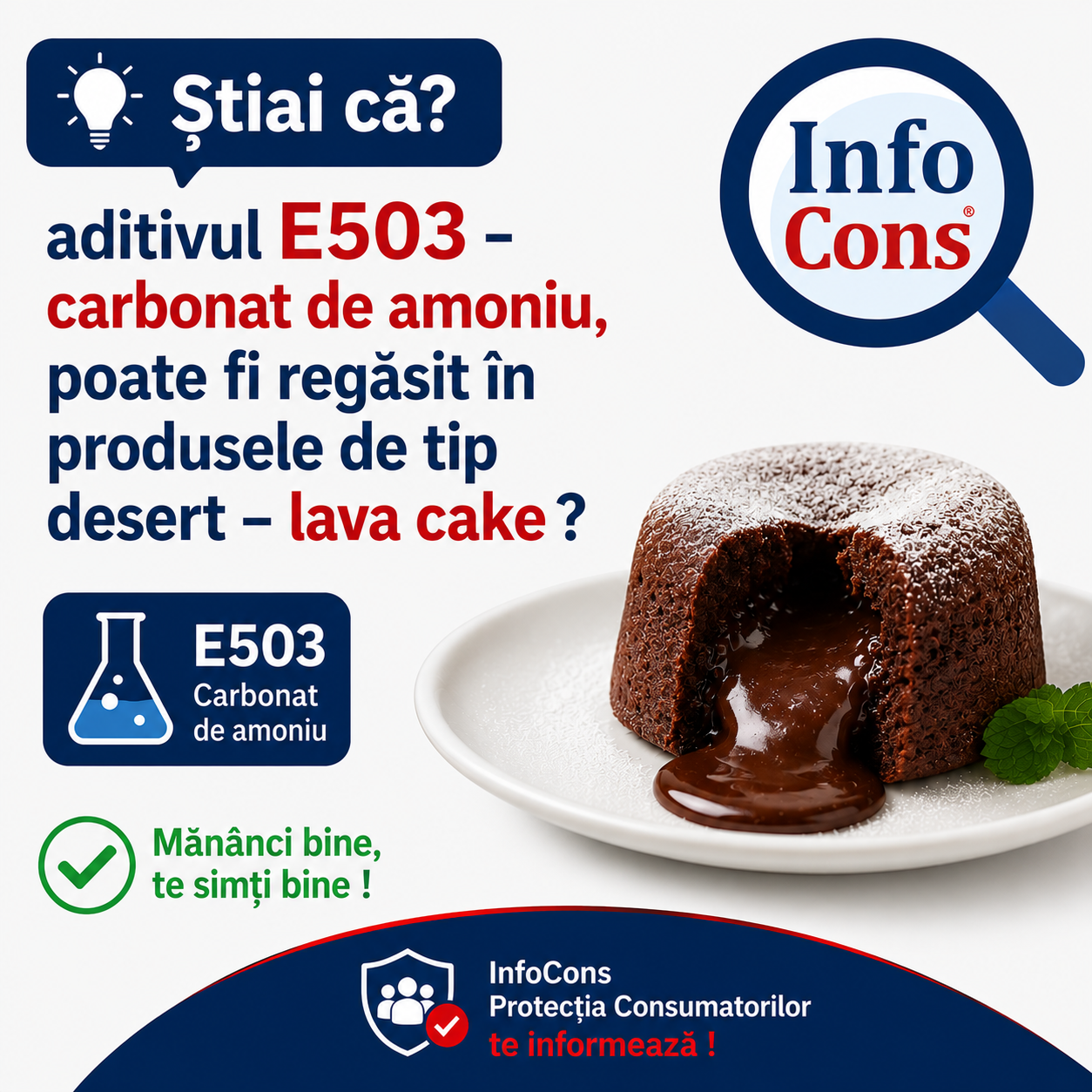 Știai că aditivul E503 &ndash; carbonat de amoniu , poate fi regăsit &icirc;n produsele de tip desert &ndash; lava cake ? Măn&acirc;nci bine , te simți bine !