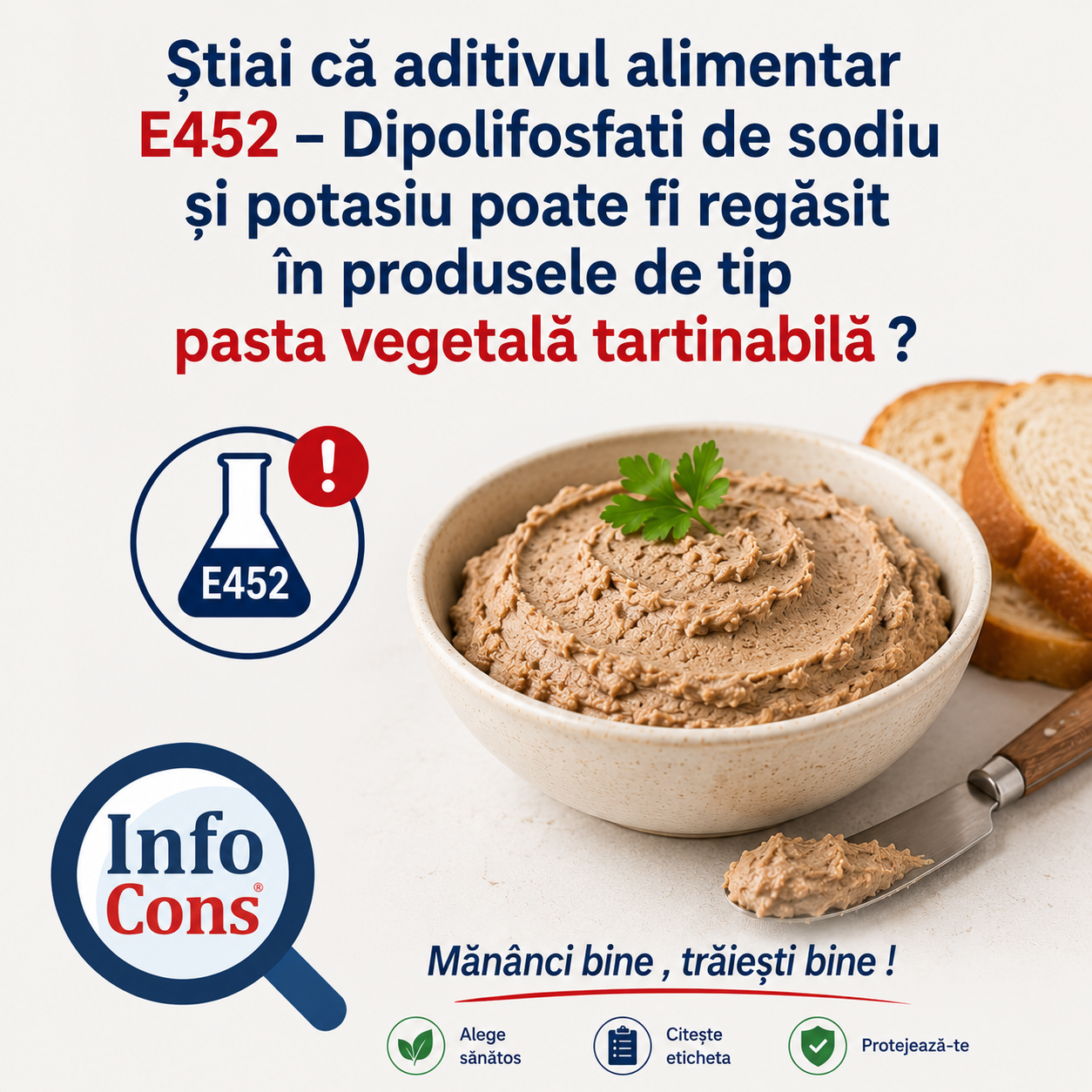 Știai că aditivul alimentar&nbsp;E452&nbsp;&ndash; Dipolifosfati de sodiu și potasiu poate fi regăsit &icirc;n produsele de tip pasta vegetală tartinabilă ? Măn&acirc;nci bine , trăiești bine !