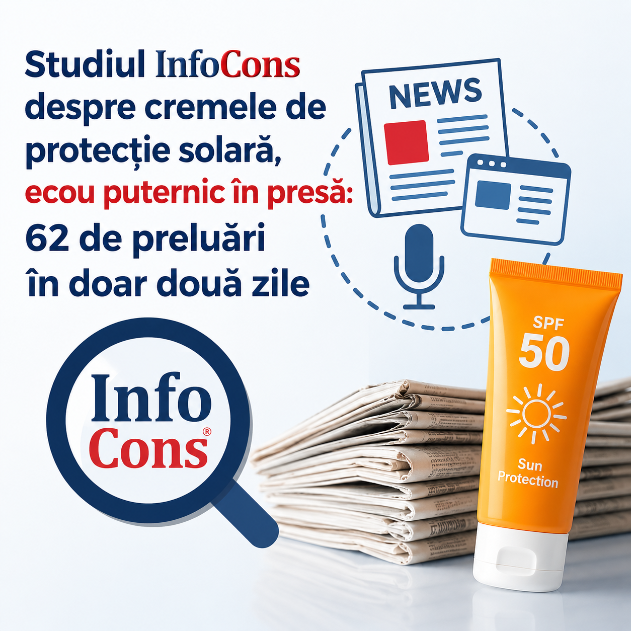 Studiul InfoCons despre cremele de protecție solară , ecou puternic în presă : 62 de preluări în doar două zile