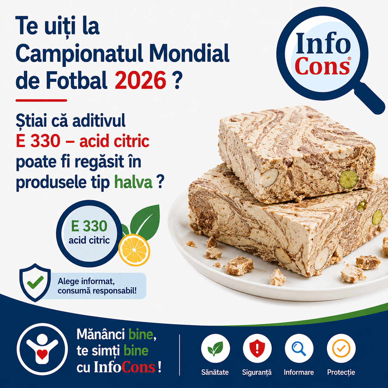 Te uiți la Campionatul Mondial de Fotbal 2026 ? Știai că aditivul  E 330 &ndash; acid citric poate fi regăsit &icirc;n produsele tip halva ? Măn&acirc;nci bine , te simți bine cu InfoCons !
