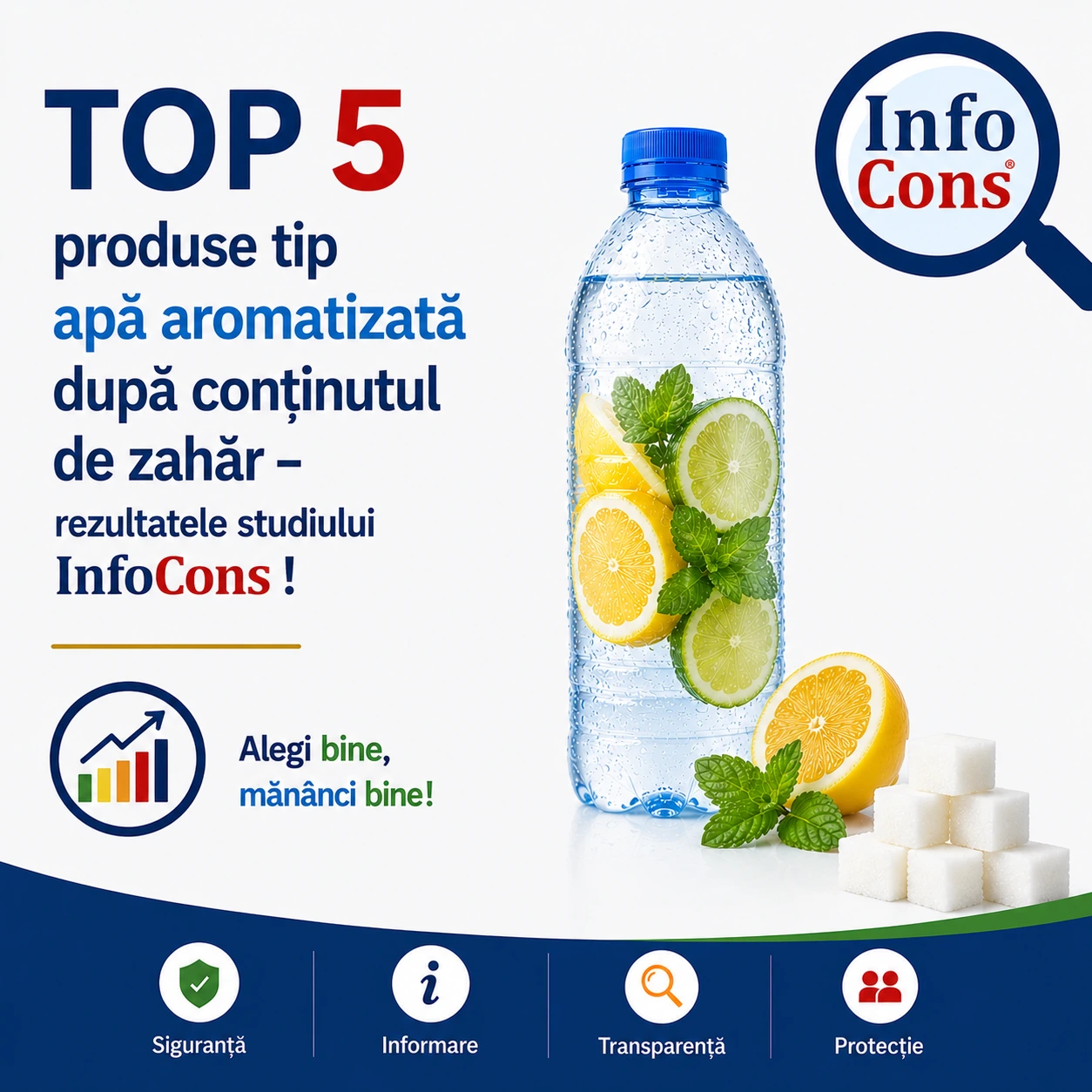 Top 5 produse tip apă aromatizată după conținutul de zahăr &ndash; rezultatele studiului InfoCons ! Alegi bine , măn&acirc;nci bine !