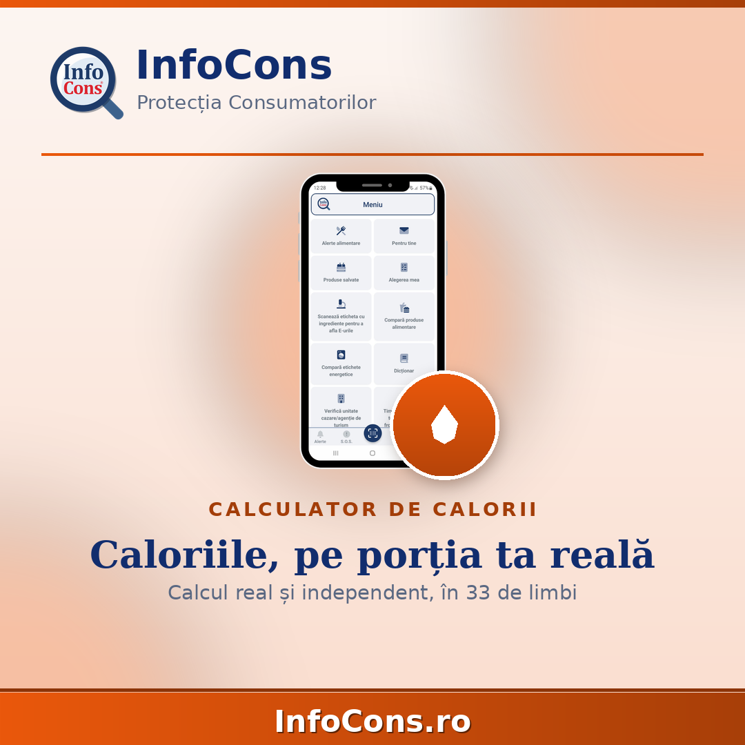 Unica aplicație tip Calculator de Calorii de protecția consumatorilor, în cadrul aplicației-umbrelă InfoCons