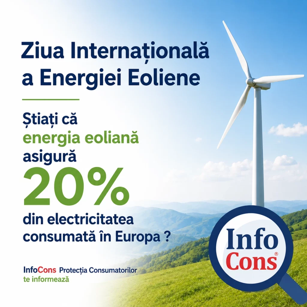 Ziua Internațională a Energiei Eoliene : Știați că energia eoliană asigură 20% din electricitatea consumată în Europa ? InfoCons Protecția Consumatorilor te informează