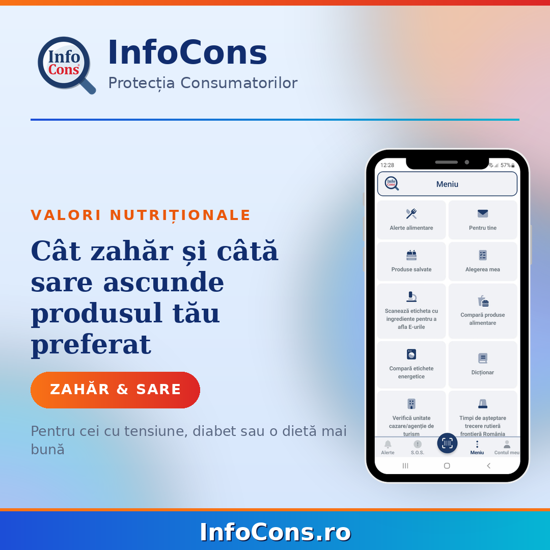 C&acirc;t zahăr și c&acirc;tă sare ascunde, de fapt, produsul tău preferat ! Verifica cu Aplicatia InfoCons !