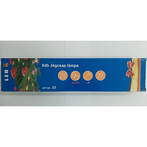 Lanț de iluminat de Crăciun alimentat la rețea, conectat în serie, ca o cortină, cu 8 tuburi de plastic în formă de ciclism care conțin 288 de lumini LED. Date tehnice: 220-240V, 50Hz, 4.2W.