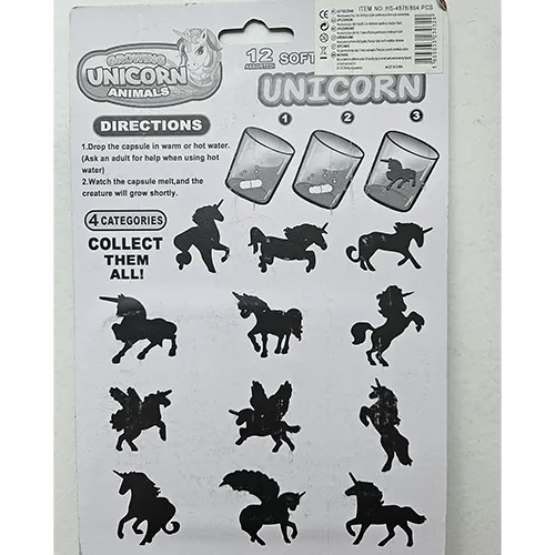 Set de douăsprezece capsule colorate (roșu, albastru, galben, portocaliu și verde). În interiorul fiecărei capsule se află o figură de spumă moale comprimată în formă de unicorn de diferite forme.
