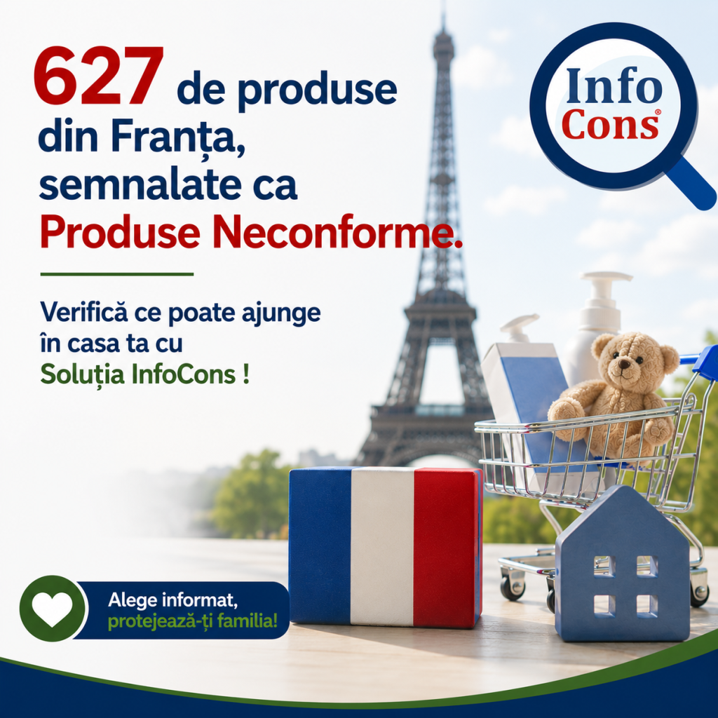 627 de produse din Franța , semnalate ca Produse Neconforme . Verifică ce poate ajunge &icirc;n casa ta cu Soluția InfoCons !