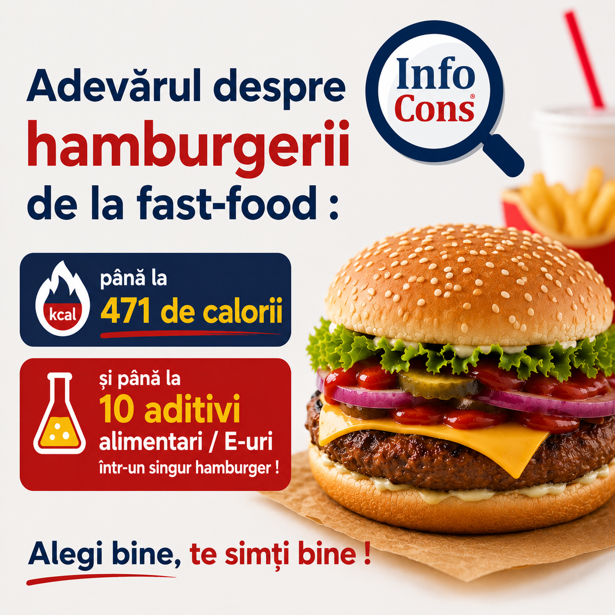 Adevărul despre hamburgerii de la fast-food : până la 471 de calorii și 10 aditivi alimentari / E-uri într-un singur hamburger ! Alegi bine , te simți bine !