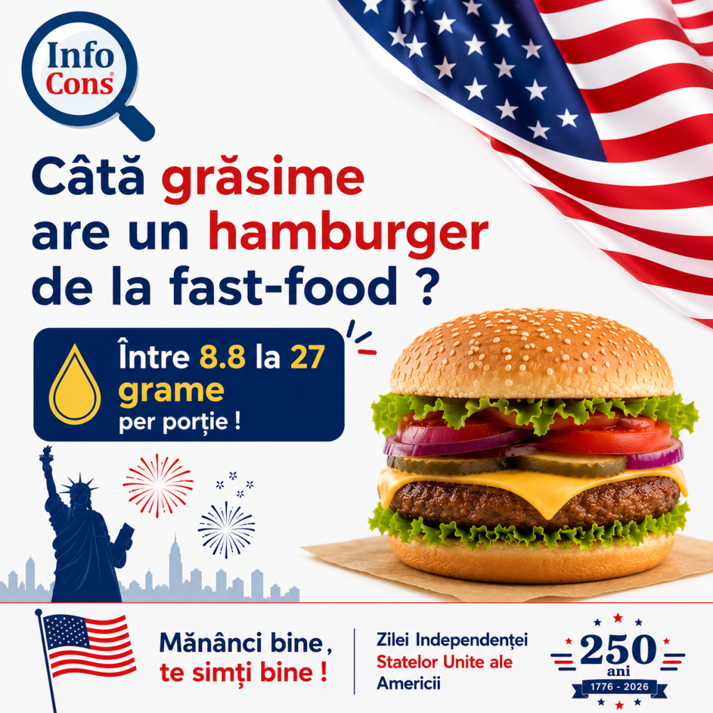 C&acirc;tă grăsime are un hamburger de la fast-food ? &Icirc;ntre 8.8 la 27 grame per porție ! Măn&acirc;nci bine , te simți bine cu ocazia Zilei Independenței Statelor Unite ale Americii