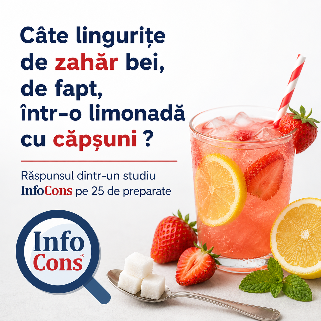 Câte lingurițe de zahăr bei, de fapt, într-o limonadă cu căpșuni ? Răspunsul dintr-un studiu InfoCons pe 25 de preparate