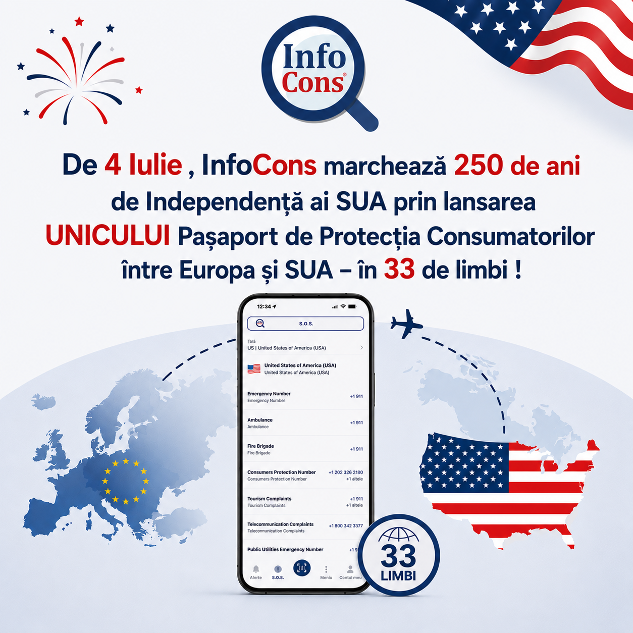 Comunicat de Presă : De 4 Iulie , InfoCons marchează 250 de ani de Independență ai SUA prin lansarea UNICULUI Pașaport de Protecția Consumatorilor &icirc;ntre Europa și SUA &ndash; &icirc;n 33 de limbi !