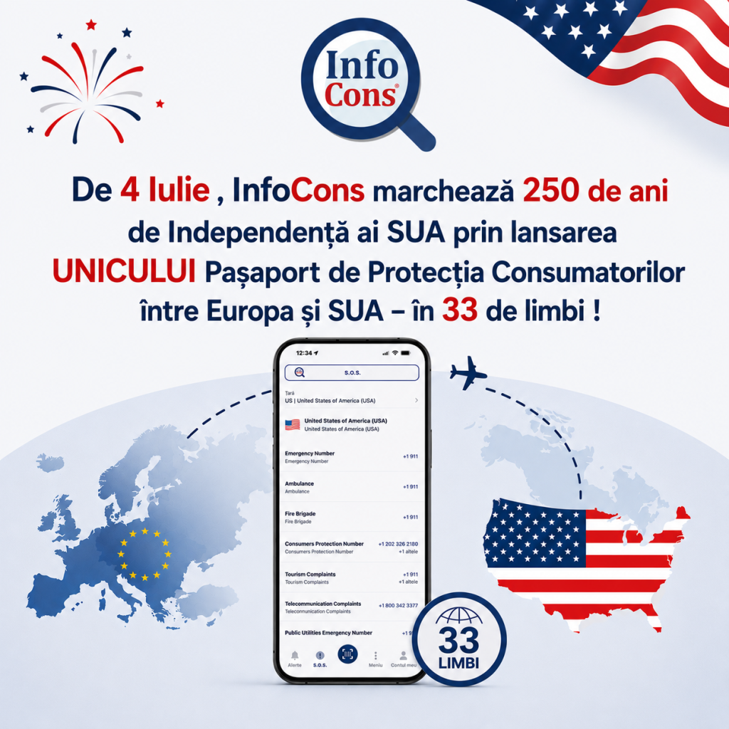 Comunicat de Presă : De 4 Iulie , InfoCons marchează 250 de ani de Independență ai SUA prin lansarea UNICULUI Pașaport de Protecția Consumatorilor între Europa și SUA – în 33 de limbi !