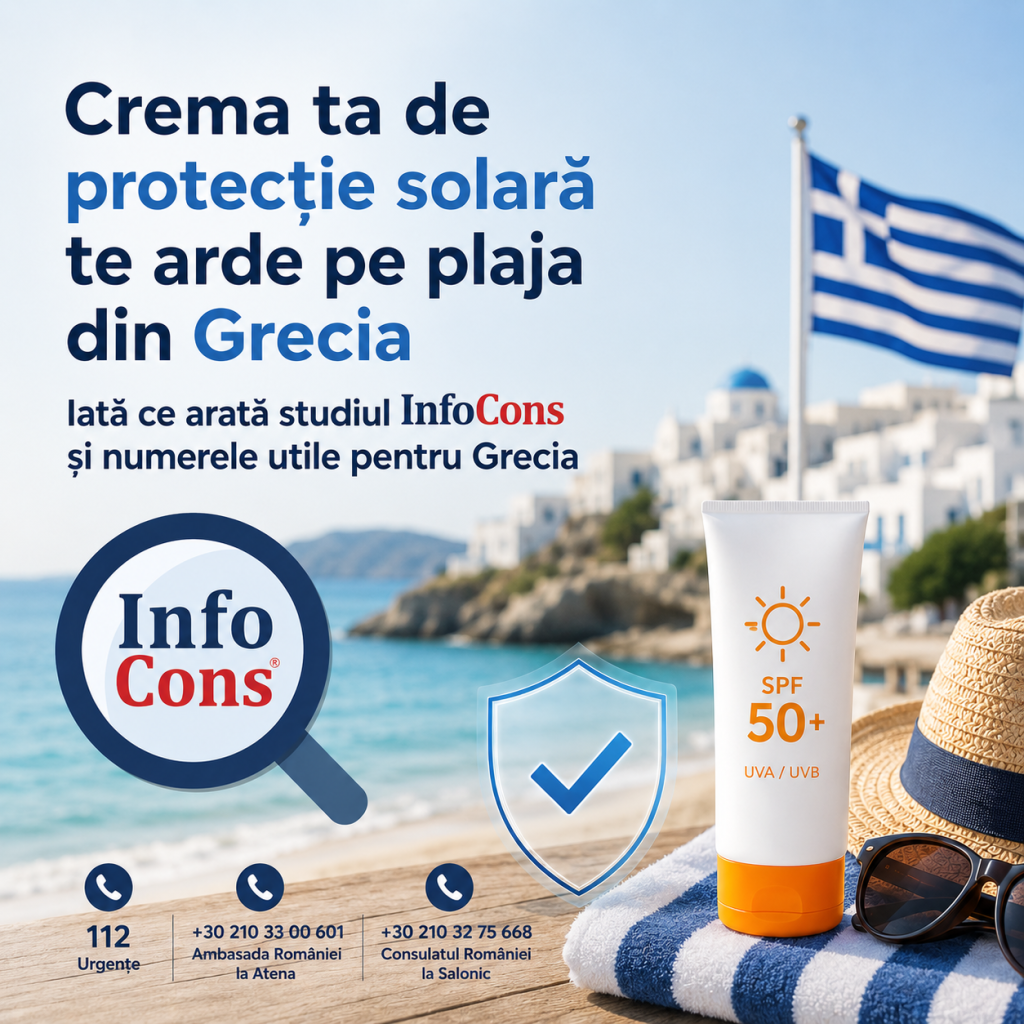 Crema ta de protecție solară te arde pe plaja din Grecia ? Iată ce arată studiul InfoCons și numerele utile pentru Grecia