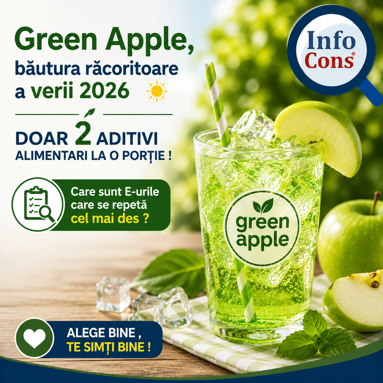 Green Apple , băutura răcoritoare a verii 2026 : doar 2 aditivi alimentari la o porție ! Care sunt E-urile care se repetă cel mai des &ndash; Alege bine , te simți bine !