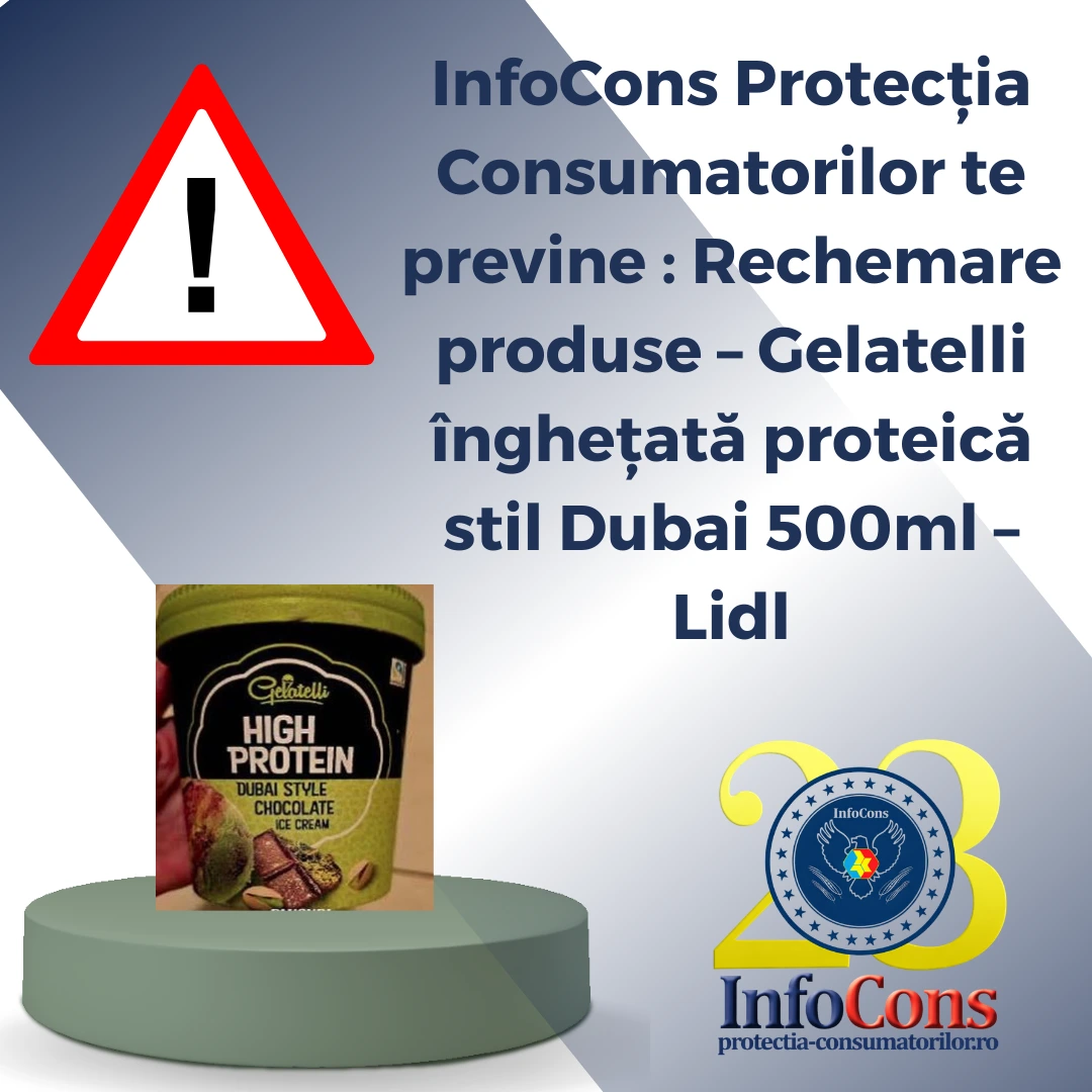 InfoCons Protecția Consumatorilor te previne : Rechemare produse – Gelatelli înghețată proteică stil Dubai 500ml – Lidl