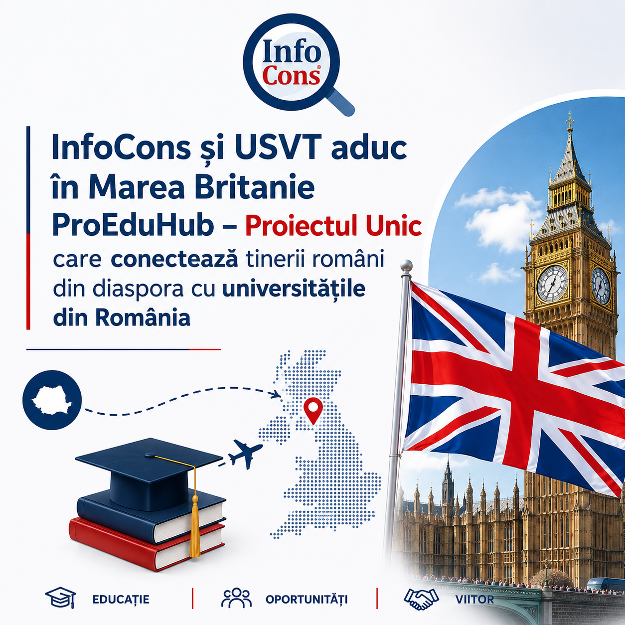 InfoCons și USVT aduc &icirc;n Marea Britanie ProEduHub &ndash; Proiectul Unic care conectează tinerii rom&acirc;ni din diaspora cu universitățile din Rom&acirc;nia