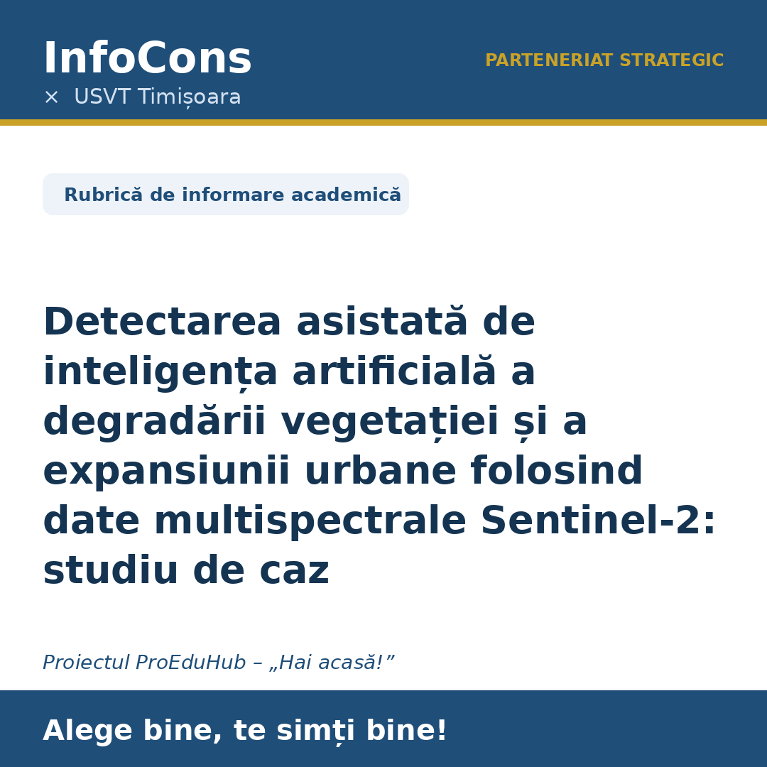 InfoCons și Universitatea de Științele Vieții „Regele Mihai I” din Timișoara – USVT : „Detectarea asistată de inteligența artificială a degradării vegetației și a expansiunii urbane folosind date multispectrale Sentinel-2: studiu de caz” – un parteneriat strategic pentru informarea consumatorilor