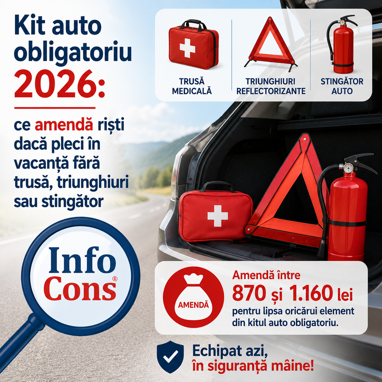 Kit auto obligatoriu 2026 : ce amendă riști dacă pleci în vacanță fără trusă, triunghiuri sau stingător