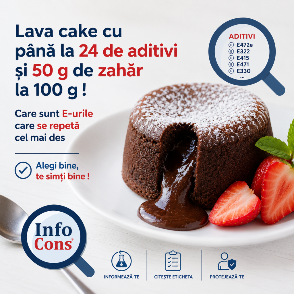 Lava cake cu până la 24 de aditivi și 50 g de zahăr la 100 g ! Care sunt E-urile care se repetă cel mai des – Alegi bine, te simți bine !