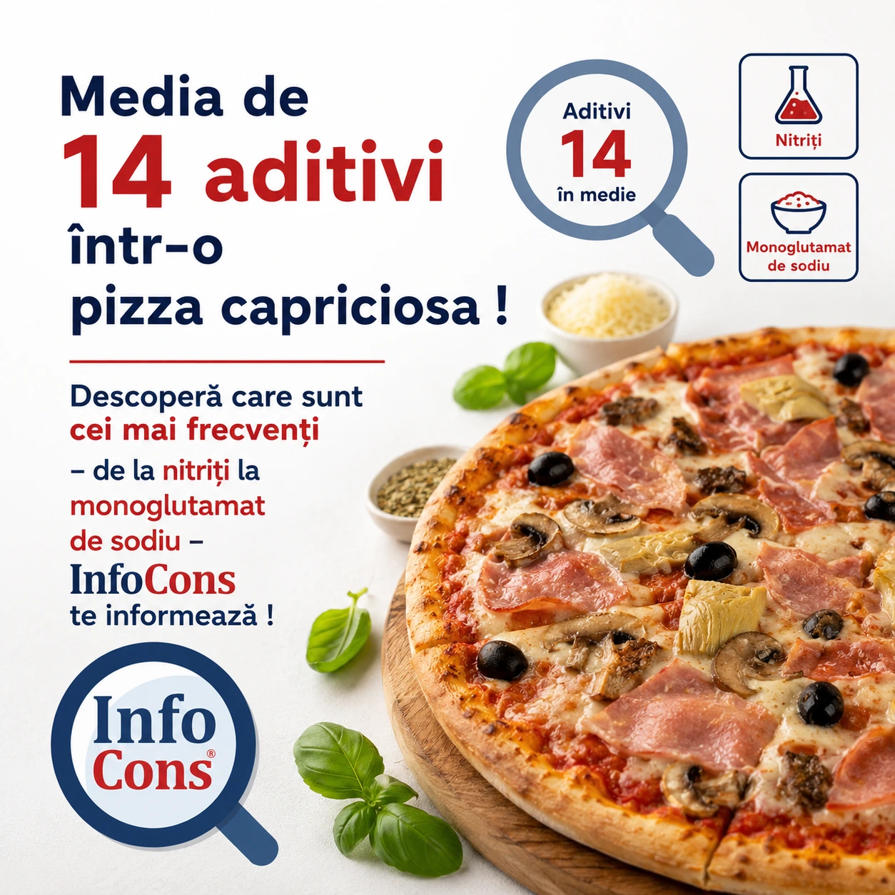 Media de 14 aditivi &icirc;ntr-o pizza capriciosa ! Descoperă care sunt cei mai frecvenți &ndash; de la nitriți la monoglutamat de sodiu &ndash; InfoCons te informează !