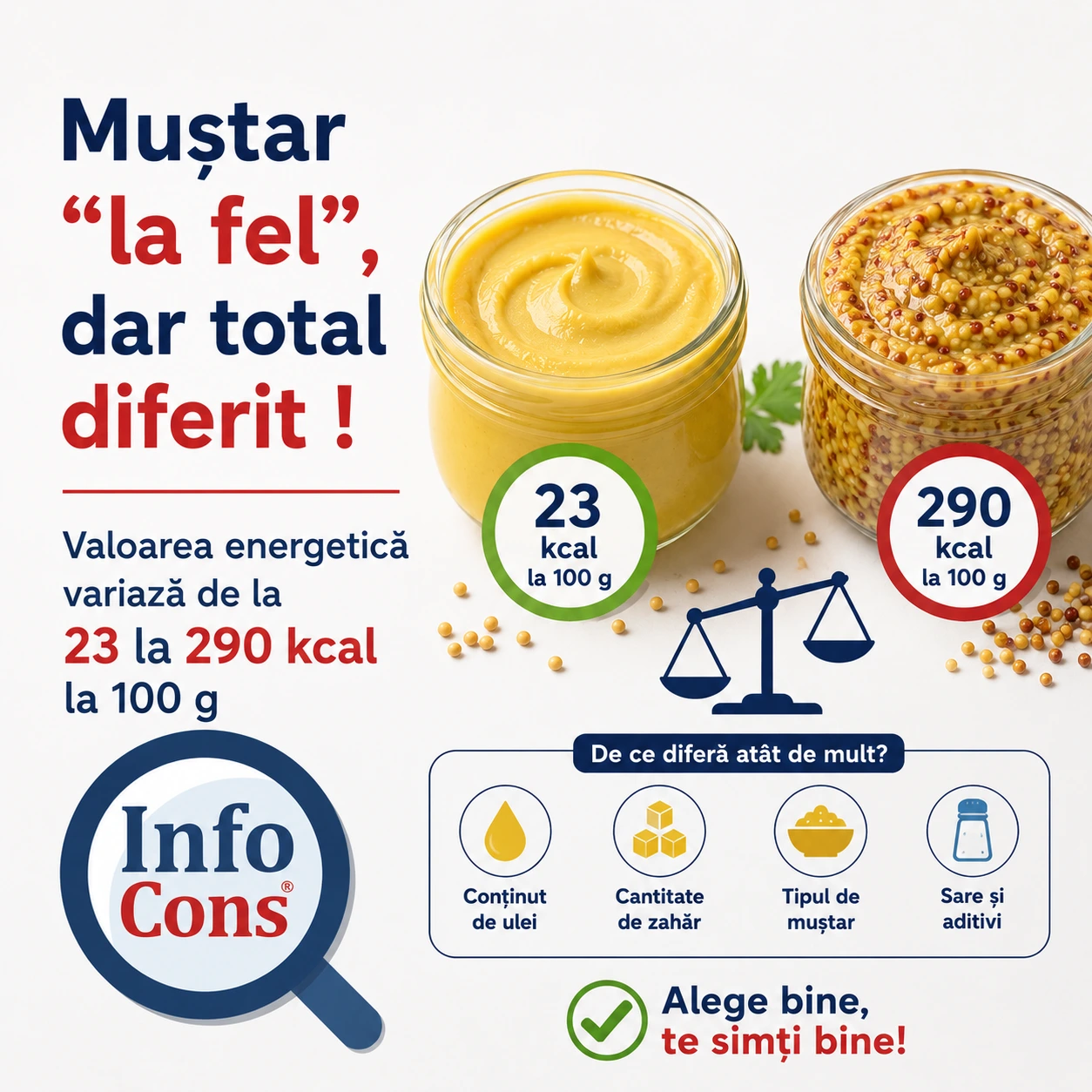 Muștar &bdquo;la fel&rdquo;, dar total diferit ! Valoarea energetică variază de la 23 la 290 kcal la 100 g &ndash; Alege bine, te simți bine!