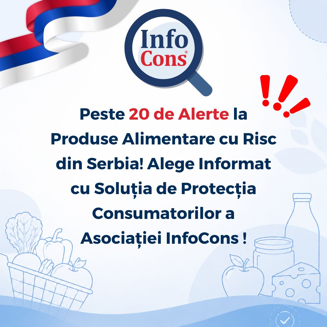 În ultimele 12 luni, peste 20 de Alerte privind Produse Alimentare cu risc provenite din Republica Serbia au fost notificate în Sistemul European de Alerte Alimentare și pot fi regăsite în cadrul Soluției Europene de Protecția Consumatorilor a Asociației InfoCons! Alertele la produse alimentare disponibile în cadrul Soluției Asociației InfoCons vizează o gamă variată de categorii de produse alimentare și furaje, acestea fiind încadrate cu diferite grade de risc pentru consumatori. Printre categoriile de produse cu risc din Republica Serbia se regăsesc: Fructe și legume – 54,55% Dulciuri – 9,09% Ierburi și condimente – 9,09% Aditivi alimentari și arome – 9,09% Înghețate și deserturi – 9,09% Cacao și preparate din cacao, cafea și ceai – 9,09% În ceea ce privește nivelul de risc al produselor alimentare din Republica Serbia, acestea au fost clasificate astfel: Risc grav – 27,27% Potențial serios – 27,27% Risc potențial – 27,27% Risc scăzut – 18,18% Din punct de vedere al tipului de notificare, produsele alimentare cu risc din Republica Serbia au fost încadrate astfel: Notificare de respingere la frontieră – 63,64% Notificare de informare pentru atenție – 27,27% Notificare de informare pentru intervenție – 9,09%
