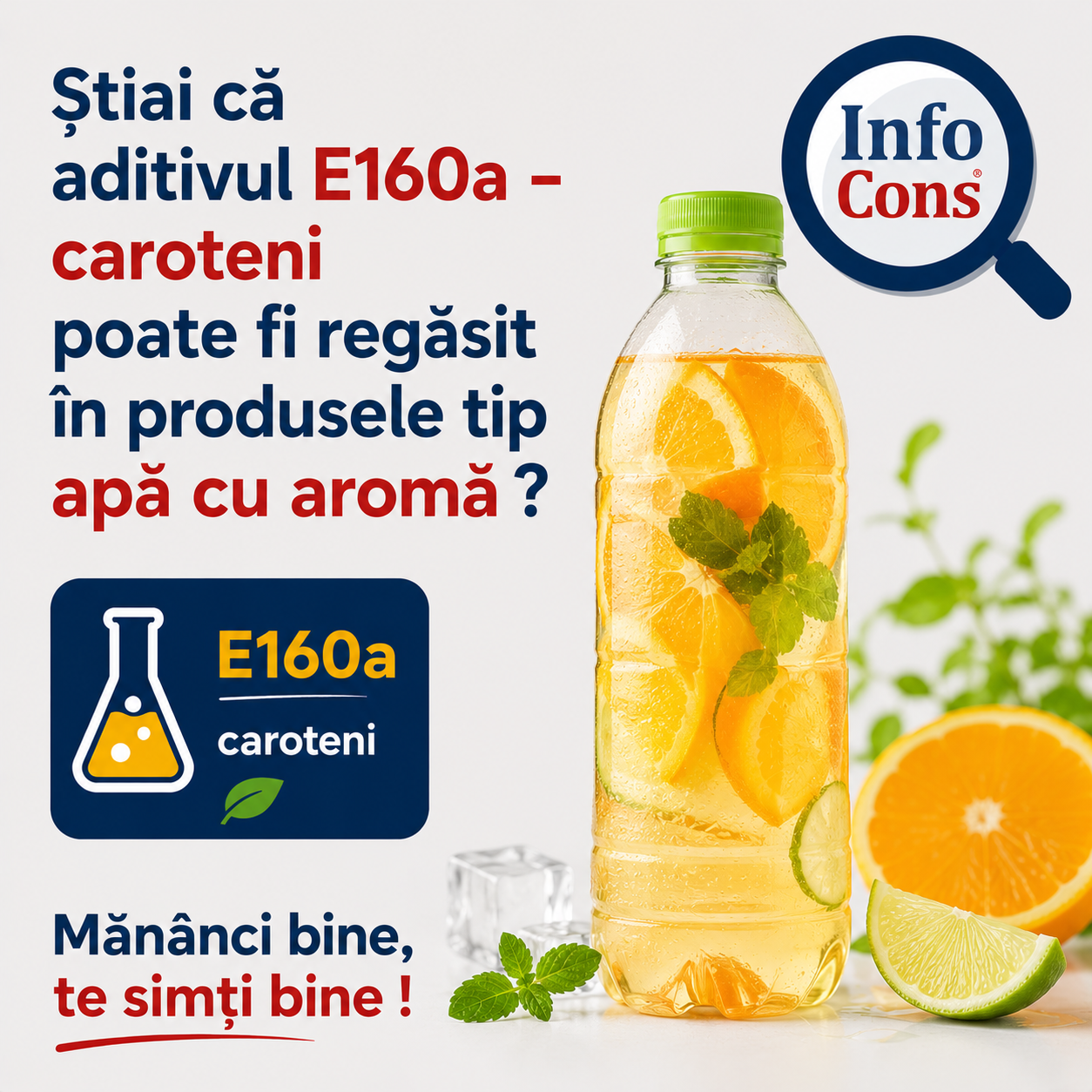 Știai că aditivul E160a – caroteni poate fi regăsit în produsele tip apă cu aromă ? Mănânci bine , te simți bine !