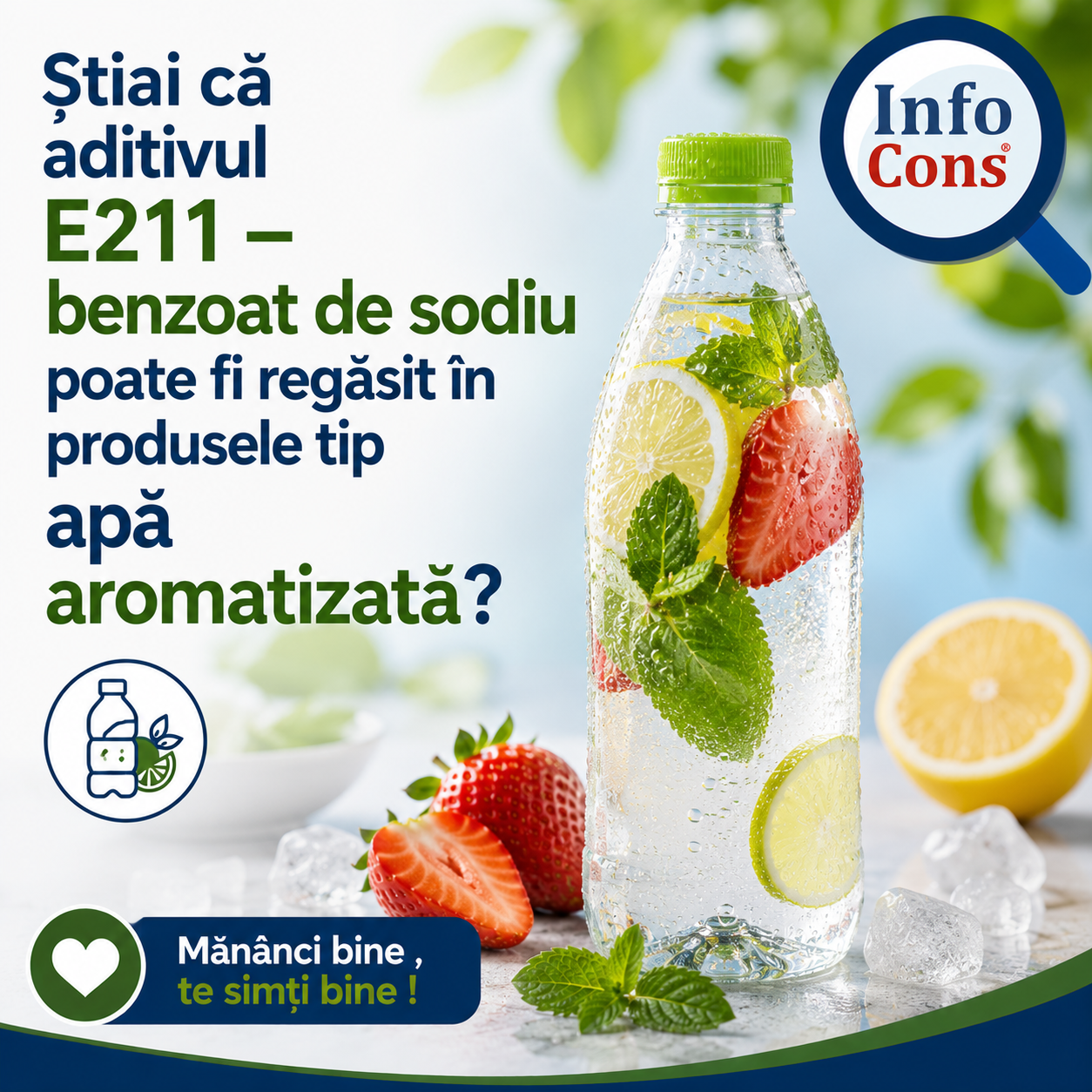 Știai că aditivul E211 &ndash; benzoat de sodiu poate fi regăsit &icirc;n produsele tip apă aromatizată ? Măn&acirc;nci bine , te simți bine !