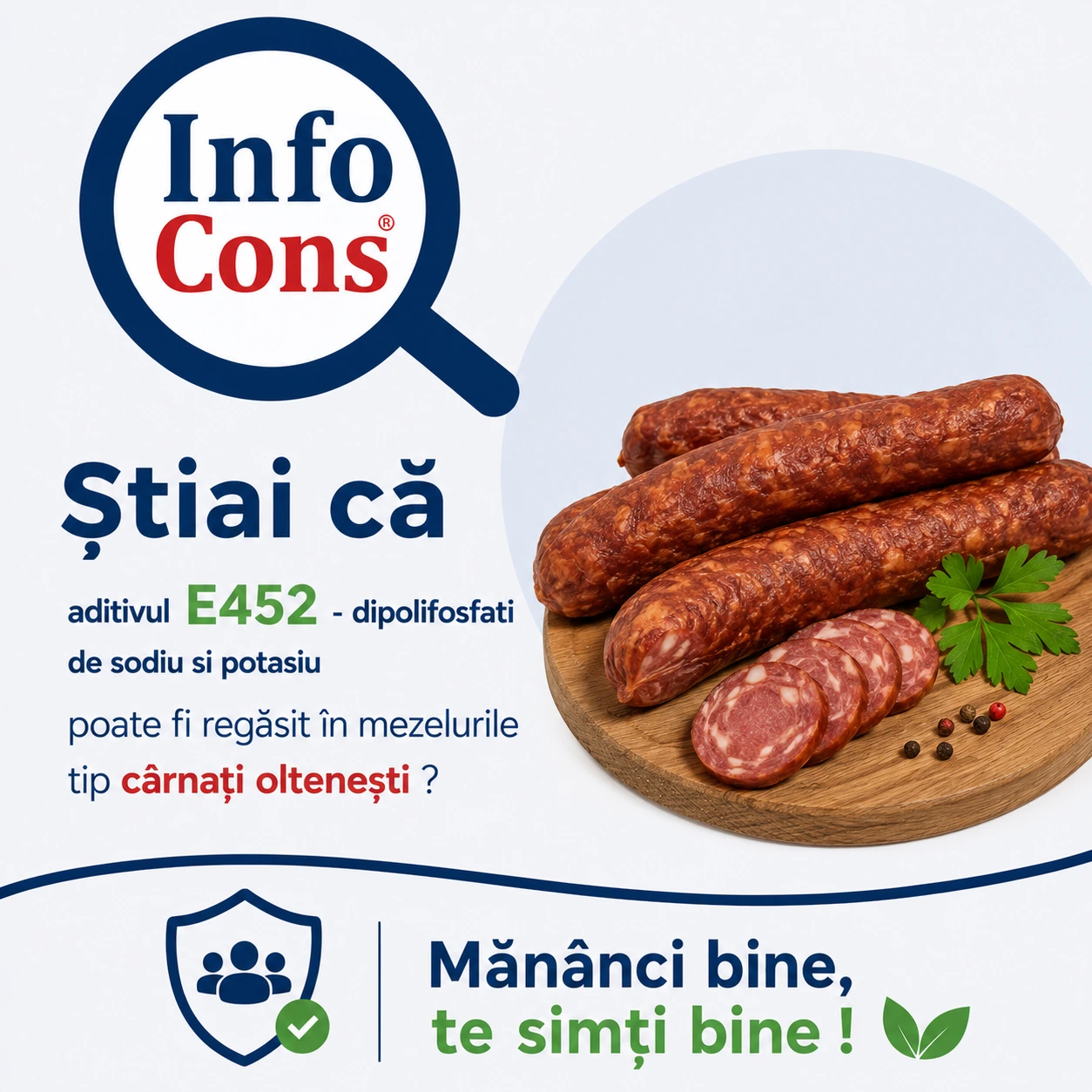 Știai că aditivul E452&nbsp;&ndash; dipolifosfati de sodiu si potasiu poate fi regăsit &icirc;n mezelurile tip c&acirc;rnați oltenești ? Măn&acirc;nci bine , te simți bine !