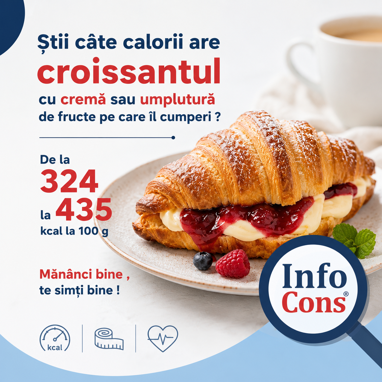 Știi câte calorii are croissantul cu cremă sau umplutură de fructe pe care îl cumperi ? De la 324 la 435 kcal la 100 g – Mănânci bine , te simți bine !
