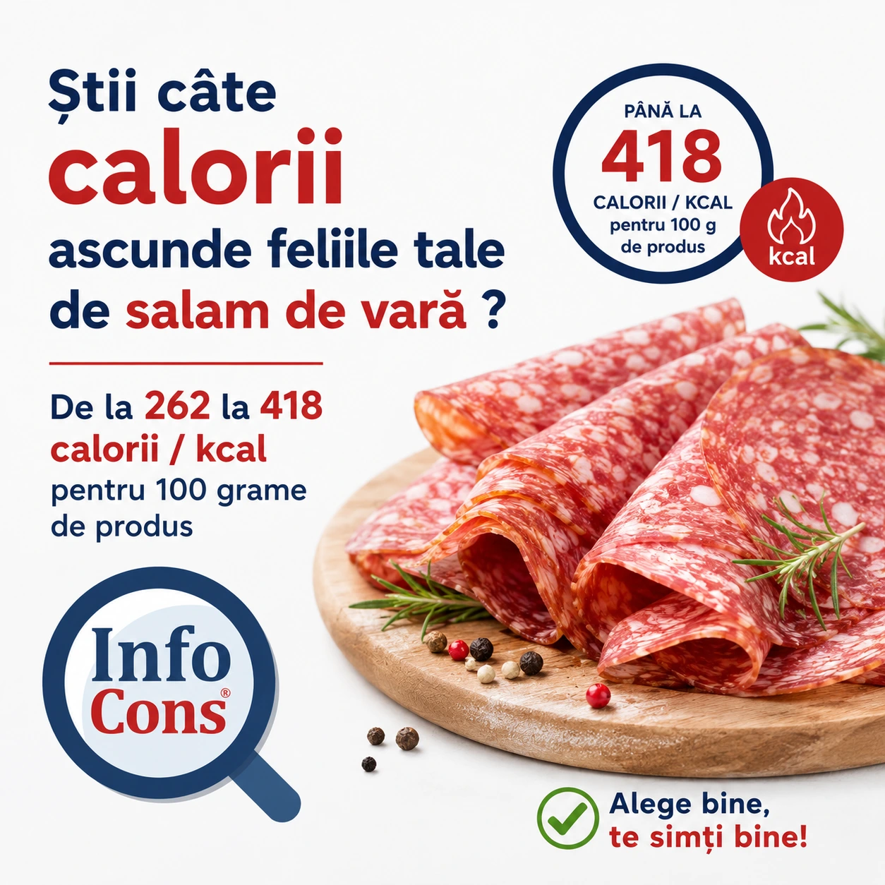 Știi c&acirc;te calorii ascunde feliile tale de salam de vară ? De la 262 la 418 calorii / kcal pentru 100 grame de produs  &ndash; Alege bine, te simți bine!