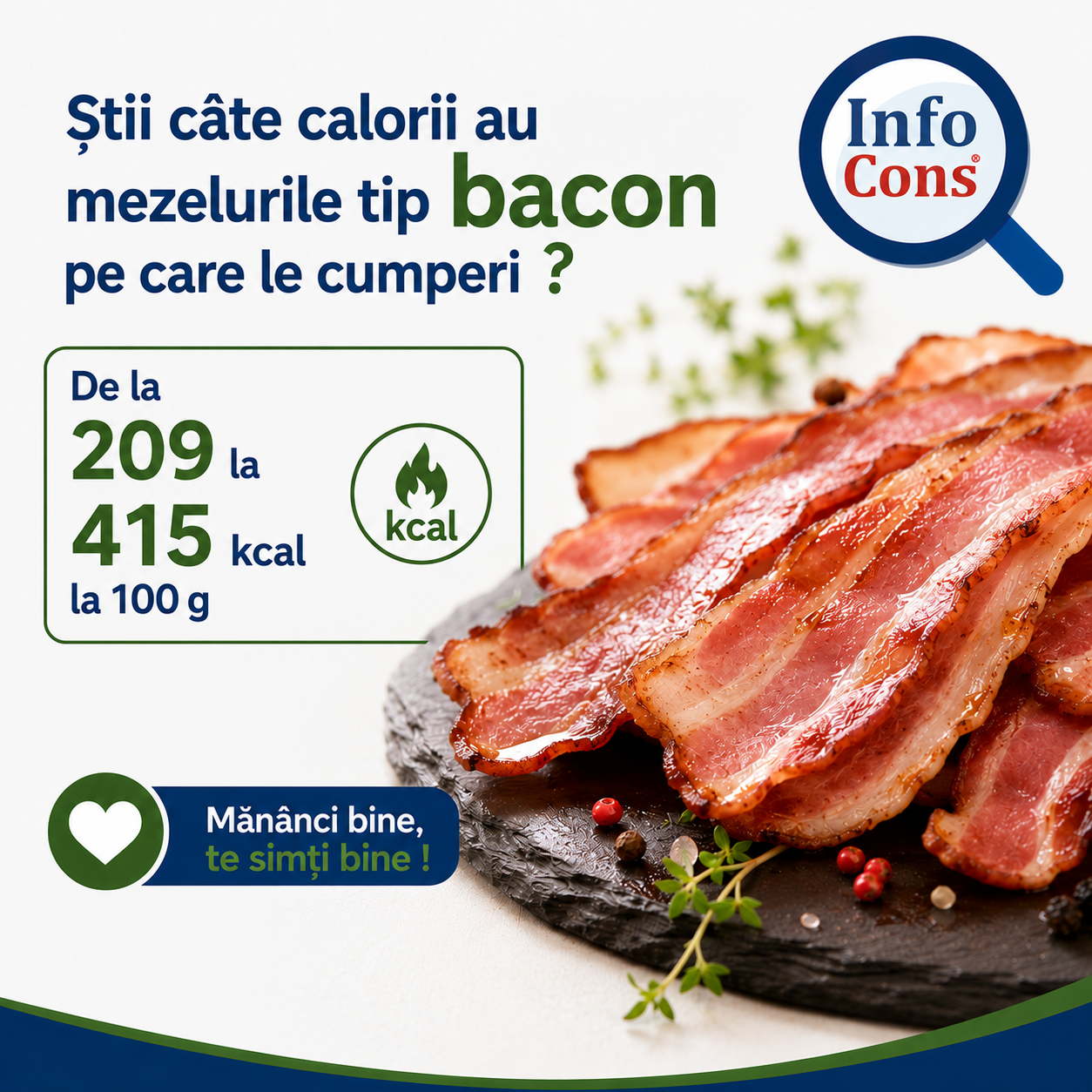 Știi câte calorii au mezelurile tip bacon pe care le cumperi ? De la 209 la 415 kcal la 100 g – Mănânci bine , te simți bine !
