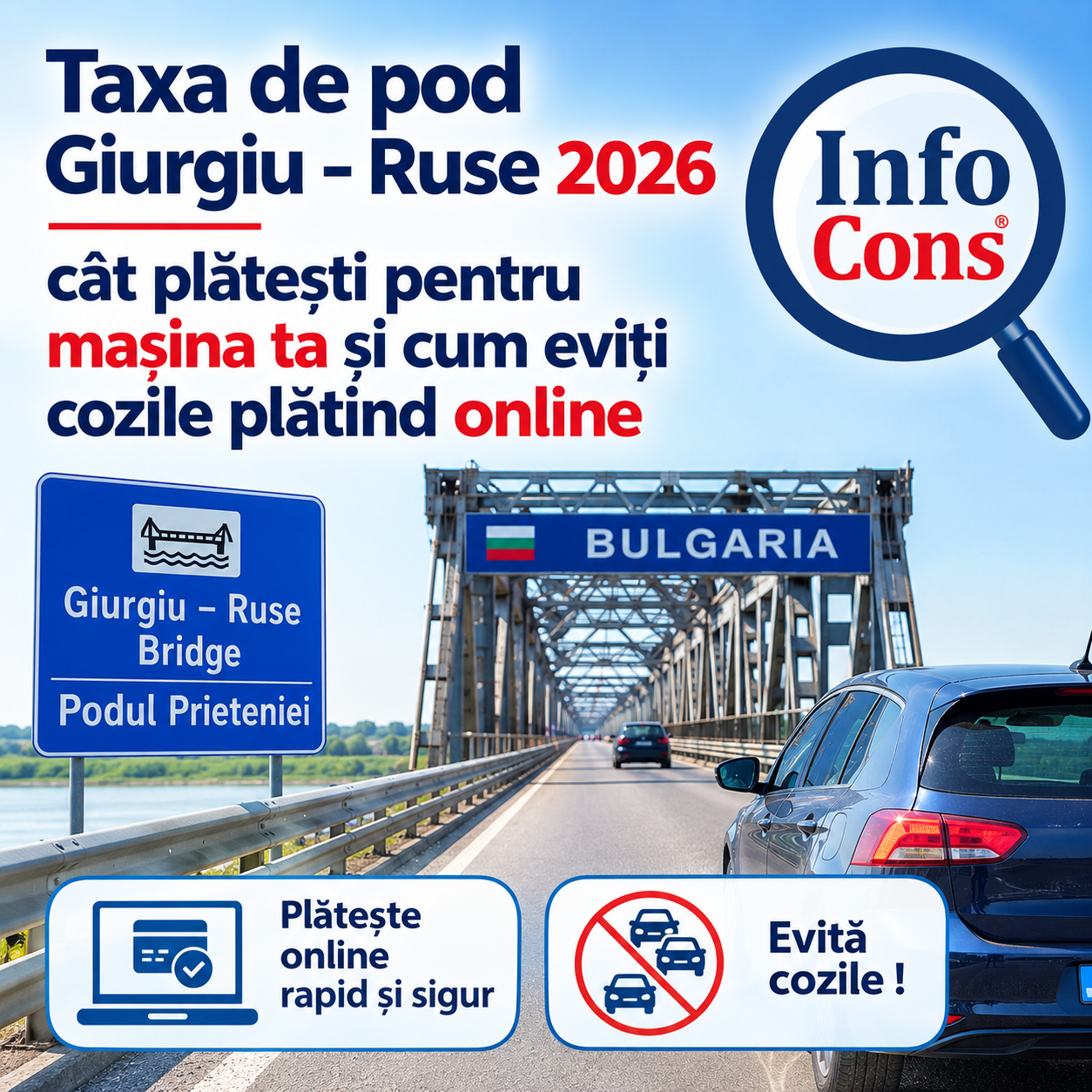 Taxa de pod Giurgiu &ndash; Ruse 2026 : c&acirc;t plătești pentru mașina ta și cum eviți cozile plătind online