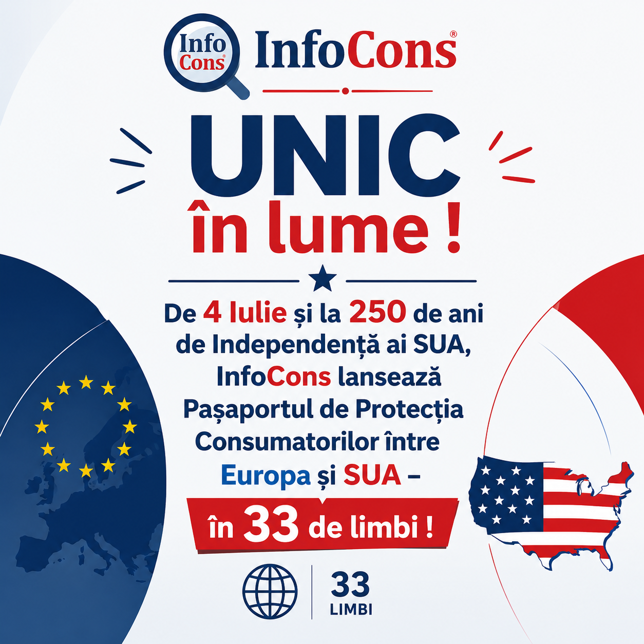 UNIC &icirc;n lume ! De 4 Iulie și la 250 de ani de Independență ai SUA , InfoCons lansează Pașaportul de Protecția Consumatorilor &icirc;ntre Europa și SUA &ndash; &icirc;n 33 de limbi !