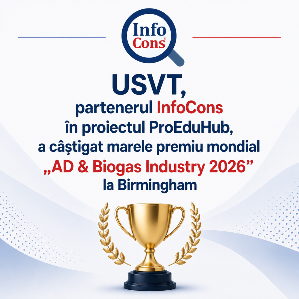 Universitatea de Științele Vieții „Regele Mihai I” din Timișoara - USVT , partenerul InfoCons în proiectul ProEduHub , a câștigat marele premiu mondial „AD & Biogas Industry 2026” la Birmingham