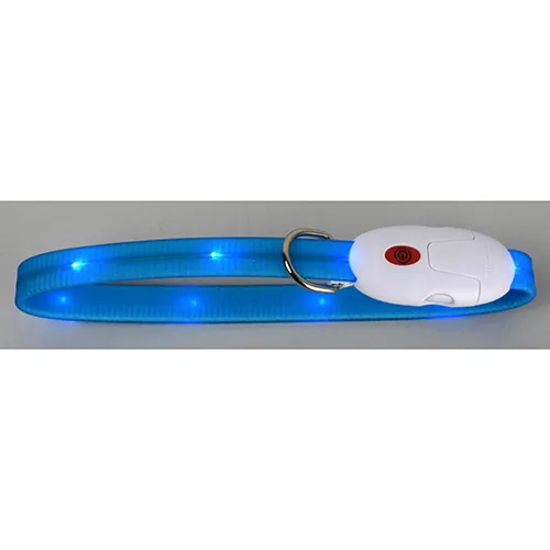 Gulerul albastru cu LED-uri din PVC moale, furnizat cu un cablu USB negru și o șurubelniță.