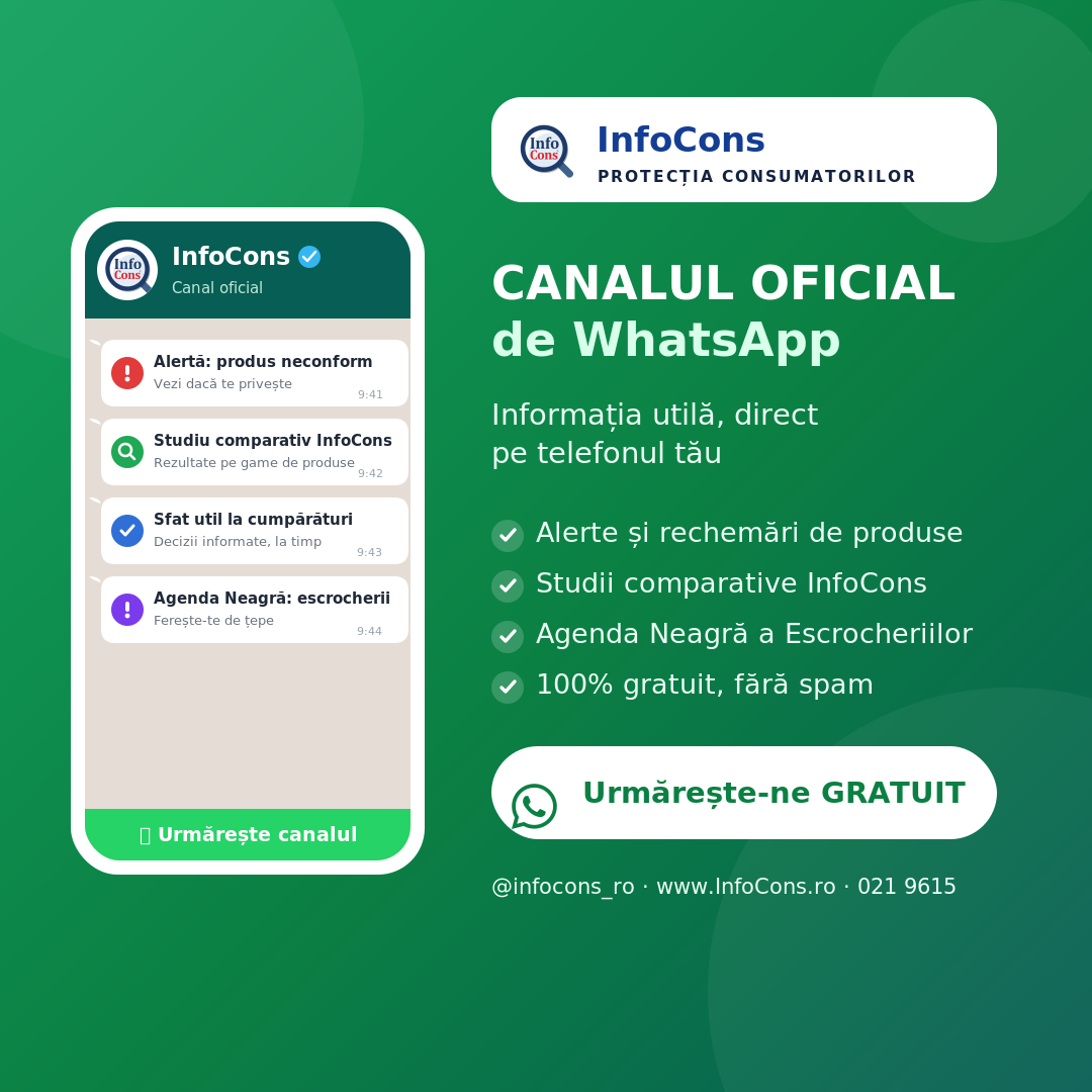 Aboneaza-te gratuit la canalul oficial WhatsApp InfoCons - unicul mijloc gratuit si transparent de informare a consumatorilor