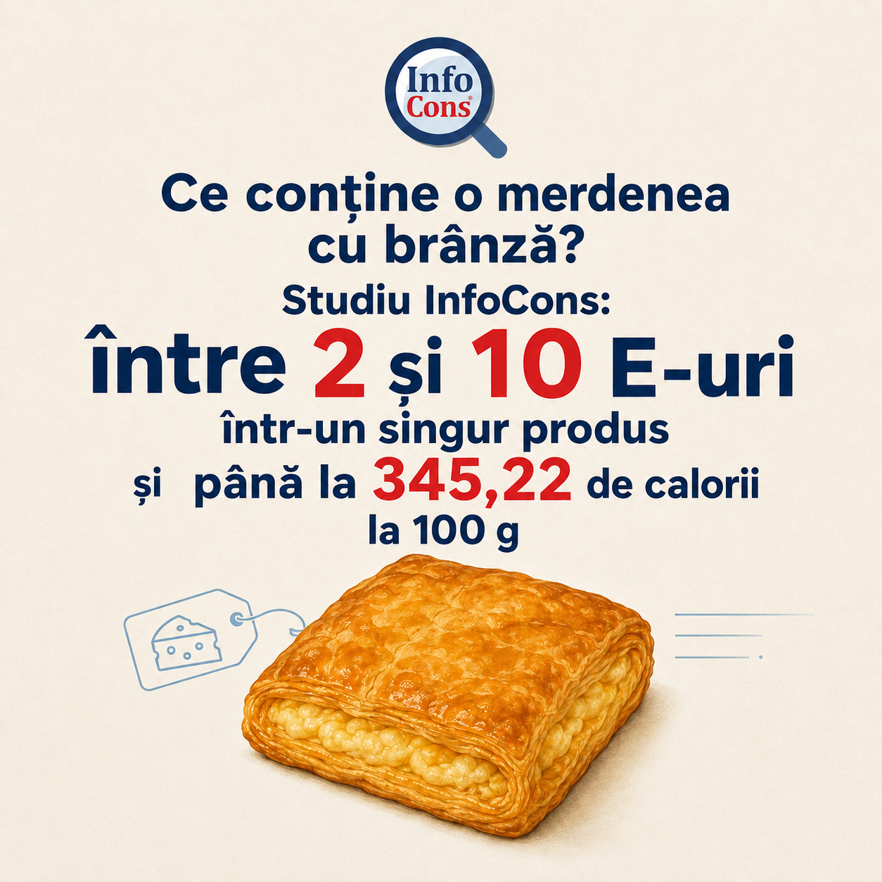 Ce conține o merdenea cu brânză ? Studiu InfoCons : între 2 și 10 E-uri într-un singur produs și până la 345,22 de calorii la 100 g