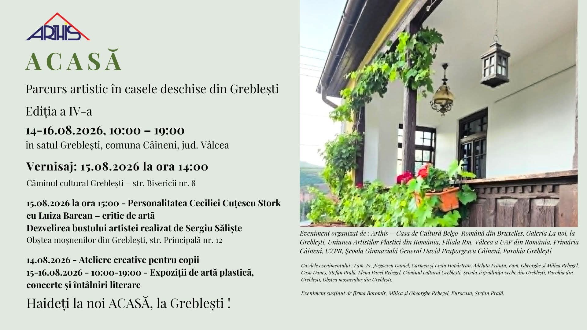 Ediția a IV-a a evenimentului „ACASĂ – Parcurs artistic în case deschise din Greblești” : Programul din 14–16 august 2026