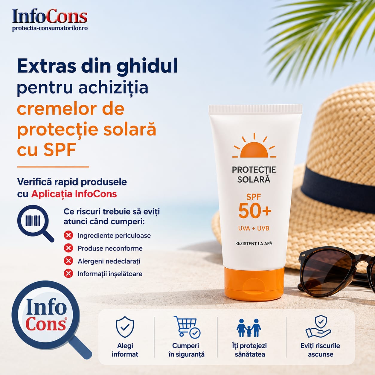 Extras din ghidul pentru achiziția cremelor de protecție solară cu SPF – Verifică rapid produsele cu Aplicația InfoCons - Ce riscuri trebuie să eviți atunci când cumperi