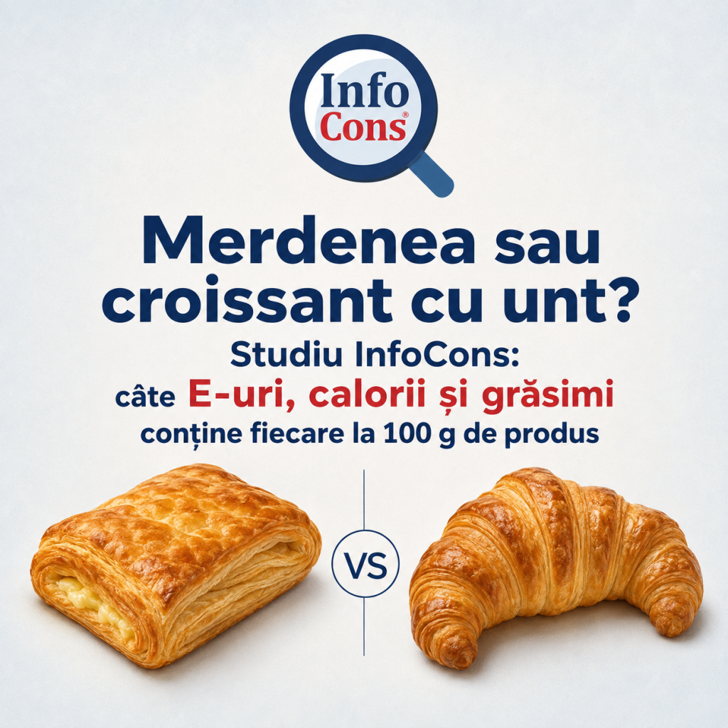Merdenea sau croissant cu unt ? Studiu InfoCons : câte E-uri, calorii și grăsimi conține fiecare la 100 g de produs