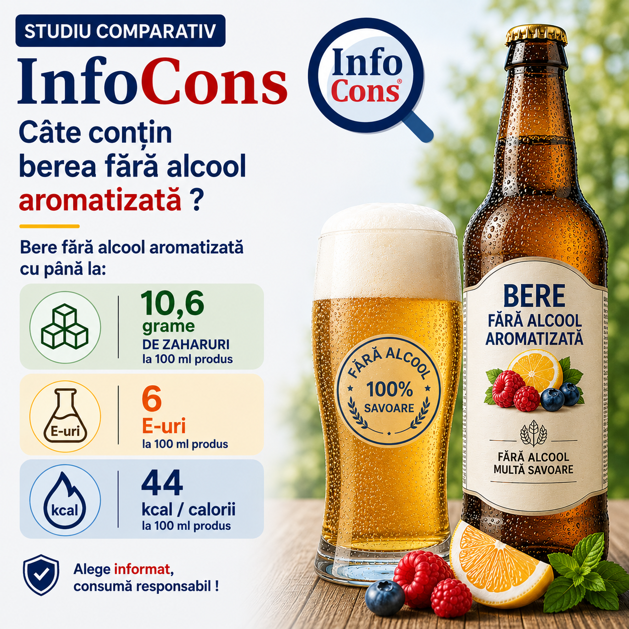 Studiu comparativ InfoCons &ndash; Bere fără alcool aromatizată cu p&acirc;nă la 10.6 grame de zaharuri, 6 E-uri și 44 kcal / calorii pentru 100 ml produs