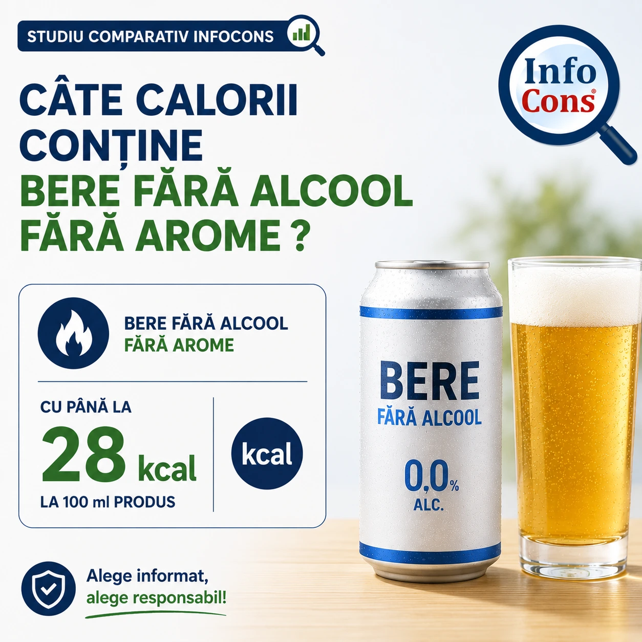 Studiu comparativ InfoCons &ndash; C&acirc;te calorii conține bere fără alcool fără arome ? Bere fără alcool fără arome cu p&acirc;nă la 28 kcal la 100 ml