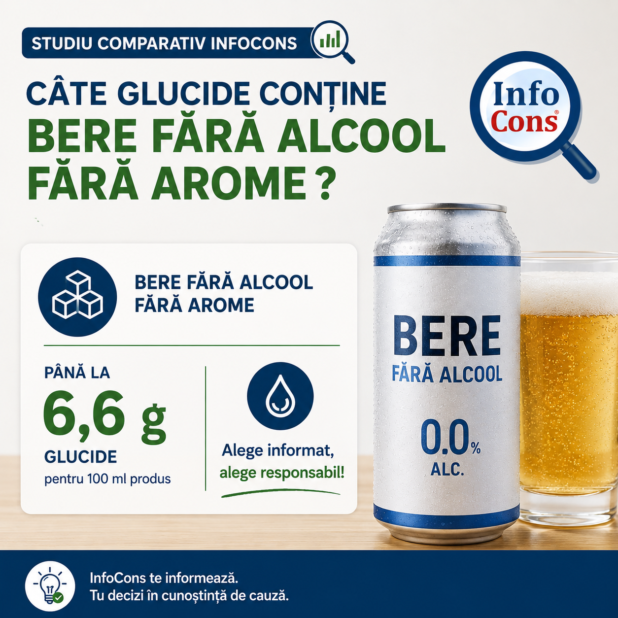 Studiu comparativ InfoCons &ndash; C&acirc;te glucide conține bere fără alcool fără arome ? Bere fără alcool fără arome cu p&acirc;nă la 6.6 grame de glucide